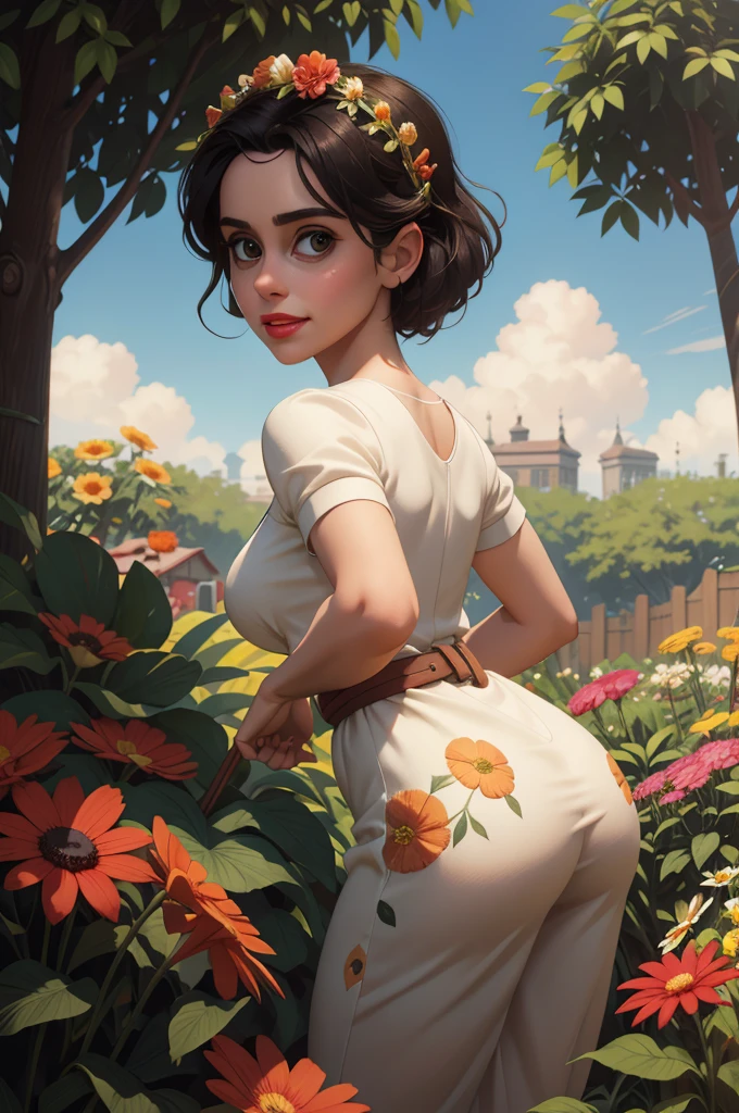 Adorable,  mature Woman,detailed big-eyed woman, round face. promenent red lips. Smileing,In the garden,Her hands are behind her...., , large ass, wearing a cute floral sun dress. flower crown, Flower belt braped around waist. Picture from the side,looking at the scenes, intense colors, Very valuable details, complex details, volumetric lighting, digital art, 8k, trending on Artstation, Clear focus, complex details, highly detail, Greg Rutkowski Big Eyes, high-resolution, Black hair. Alison Brie. Ample Bosum, .Photorealistic.
