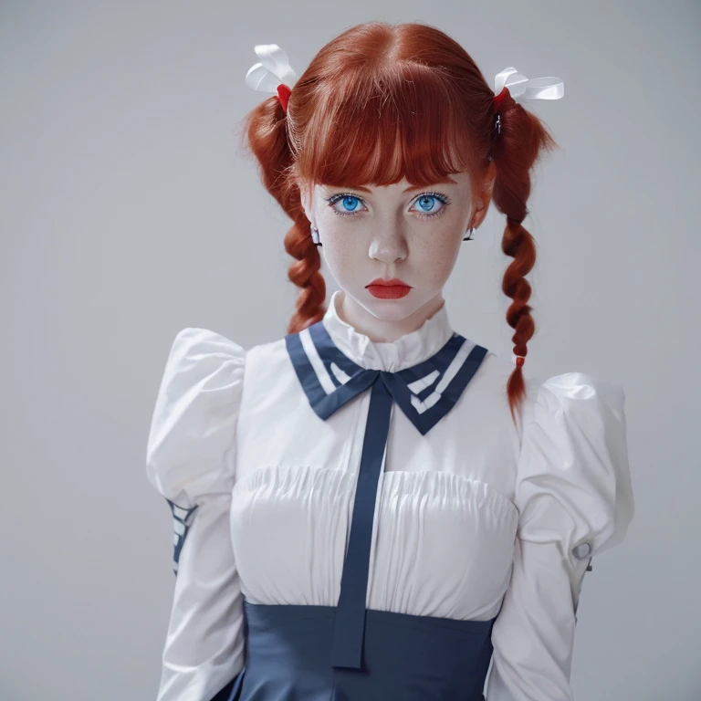 Realistic portrait of a , Red hair, pigtails with white ribbons, gray-blue eyes, moles, strict style, dress with long sleeves and skirt, cross on the neck