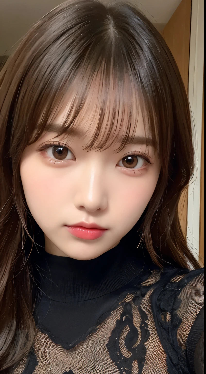 table top, highest quality, figure, Super detailed, finely, High resolution, 8k wallpaper, 完璧なダイナミックな構figure, detailed and beautiful eyes, natural lip, long sleeve black knit dress, small breasts, full body, ランダムでcuteポーズ,Raw photo,KPOP idol face,cute,close-up of face