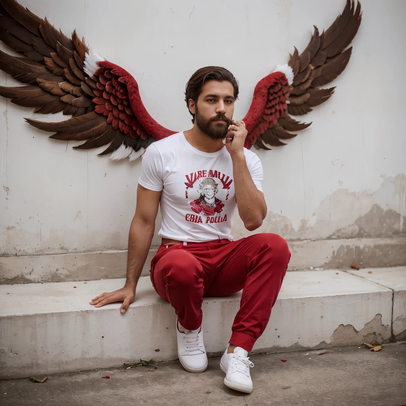 Personagem com cabelo vermelho com orelhas, barba branca, camisa gola alta branca, red angel pants and white shoes