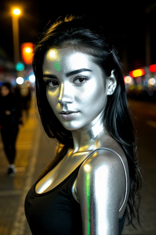 city street, neon, fog, volumetric, closeup portrait photo of beautiful young mexican woman silver living statue, intricate perfectly body head face metallic chrome silver paint, detailed facial head body, lifelike expression, living statue, metallic chrome silver tone, perfectly drawn face body head, black hair, (wearing black tank top),