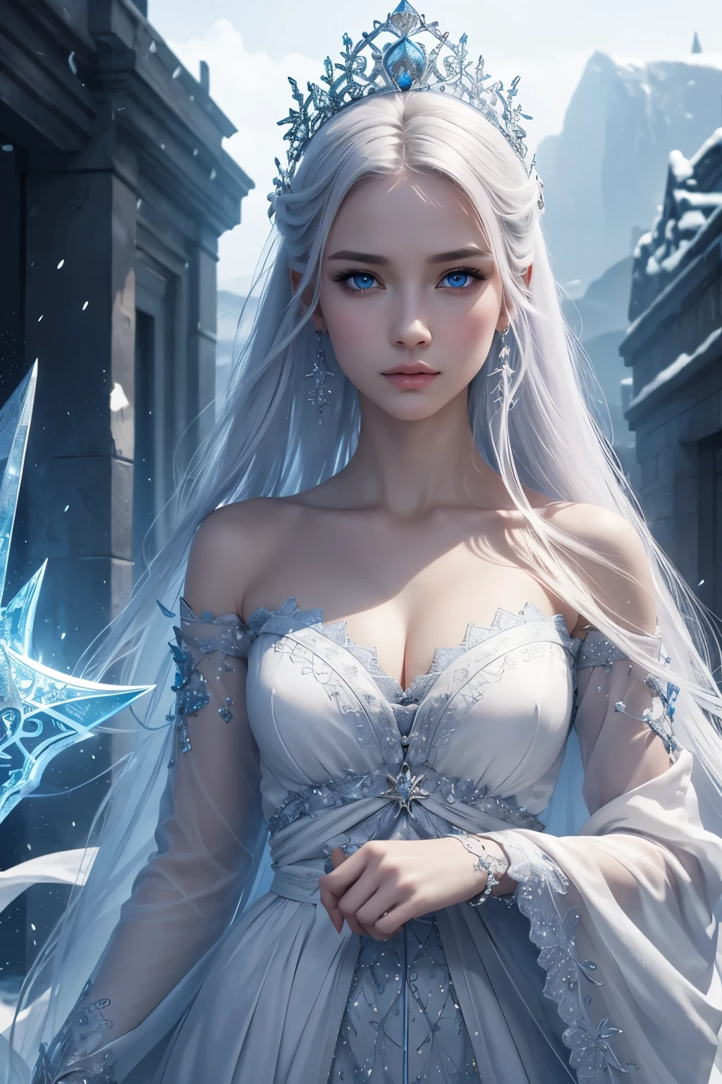 8K,Pale-skinned ice queen,Clear blue eyes,Super beautiful(like the real thing),A pure white dress with a blue snowflake emblem,sharp gaze,stern look,Mysterious Make-up,pale hair,holding a big golden stick in his hand,Sexy adult empress,perfect face,masterpiece,Intricate details,Volume measurement,perfect handsの造形,body balance,ultra high resolution,super realistic skin,Digital single-lens reflex camera, soft lighting, high quality, highly detailed face, highly detailed eyes, highly detailed skin, skin, Scattered beneath the surface, blush all over the face, highly detailed face, highly detailed eyes, beautiful expression, lip whole, detailed background, Depth of the bounds written, small breasts、volume lighting, sharp focus, absurd, realistic proportions, excellent anatomy, (realistic, 超realistic:1.4), 16K HDR, dawn,small breastsA high resolution,super realistic skin,super beautiful expression,fantasy art,character art,dynamic pose,perfect hands,