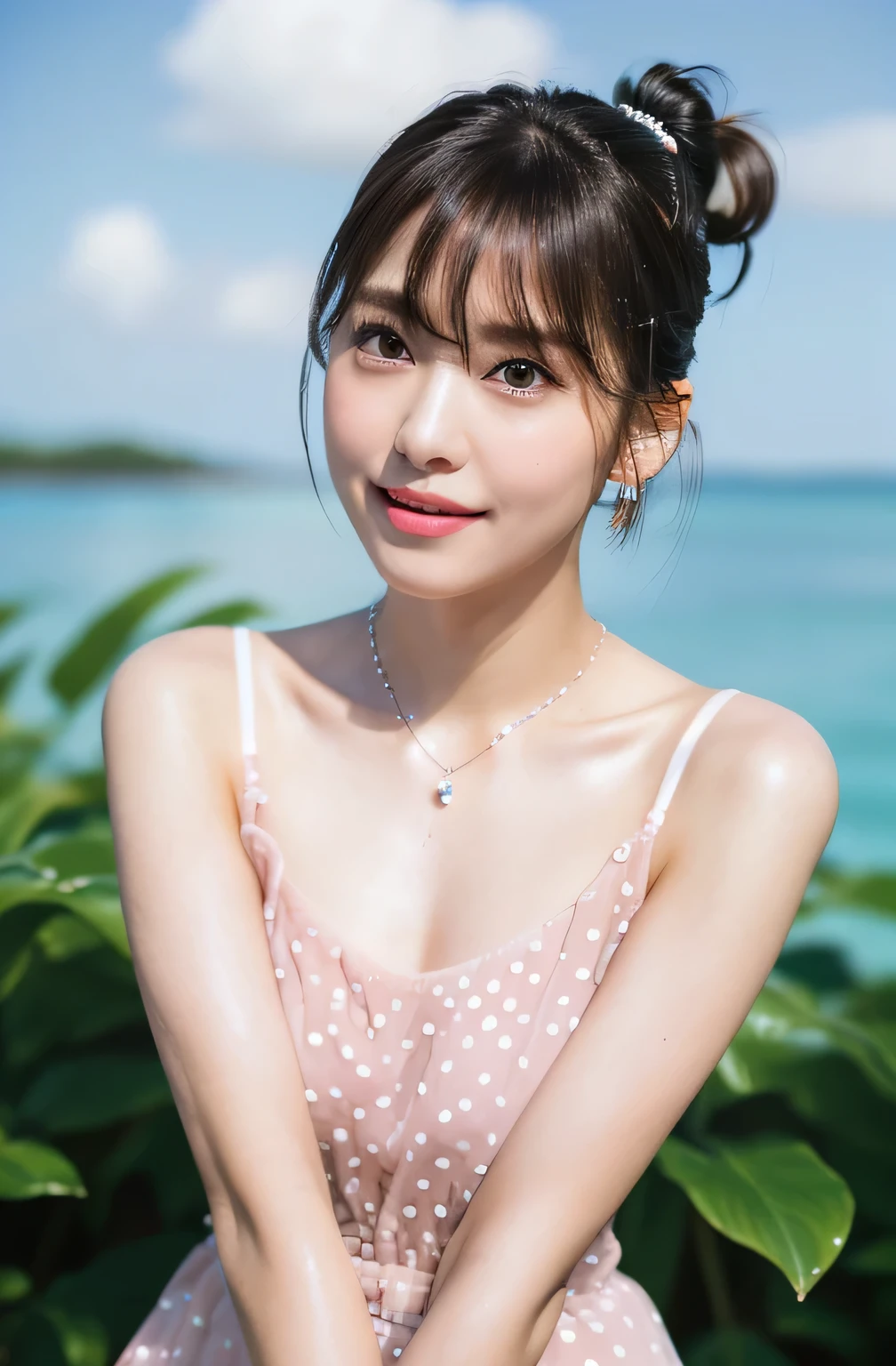 (highest quality, 4k, masterpiece :1.3), 
sharp focus, shallow depth of field, Bright colors, professional level, 
20-year-old, 1 person, (Half Japanese and German woman）, The face of a famous Japanese actress, 
Supple body :1.3, model body shape:1.5, perfect style：1.4, 
narrow shoulders, beautiful clavicle, long and thin legs, 
delicate body shape, The beauty of slim abs :1.2, thin waist :1.2, 
super detailed skin, Fair skin, Shiny skin, super detailed face, 
slim facial contour, beautiful small face, Beautiful lined nose, 
super detailed eyes, long slit eyes, brown eyes, double eyelid, Beautiful thin eyebrows, fine long eyelashes, 
super detailed lips, plump lips, glossy pink lips, flushed cheeks, beautiful teeth, 
Beautiful actress&#39;s ennui makeup, pink lipstick, 
dark brown hair, delicate soft hair, 
(hair up, medium short hair, ponytail:1.2), 
layer cut, (dull bangs:1.2), 
(stylish looking earrings,necklace,bracelet,shiny nail art:1.2), 
cute smile, open mouth half way, Enchanted expression, ((Staring at the viewer)), 
(((photorealism,Shoot the whole body from the thighs:1.5))), ((The body is facing sideways)), 
Photographed directly from the front, dynamic lighting, 

(Dress up in a tight polka dot dress:1.2), 

((The crystal clear waters of a tropical resort, Immerse yourself in water up to your waist:1.2)), 
The midsummer sun shines on the whole,