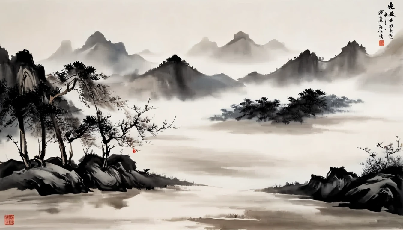 water墨画和water彩画,Drawing on rice paper,Use thick and light inks to create light and dark changes and layers,选择正确的墨water颜色,Such as deep black、thick gray、light coffee, ETC,express different situations and atmospheres,Control the gradient and transition of ink colors through the humidity and consistency of the ink,Monte,water,Tree,lake surface,desolate, desolate, ,black and white tones,dead tree, 中国传统water墨画, Chinese traditional art, author:Guo Xi, author:Ma Yuanyu, traditional Chinese painting, author:Xu Xi, author:Luo Mu, author:Yang Buzhi, author:Li Kelan, author:Zhi'an, water墨画 ) ) ) ), 中国water墨画, 中traditional Chinese painting风格