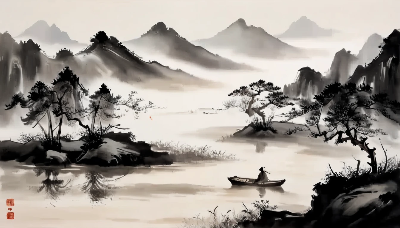 water墨画和water彩画,Drawing on rice paper,Use thick and light inks to create light and dark changes and layers,选择正确的墨water颜色,Such as deep black、thick gray、light coffee, ETC,express different situations and atmospheres,Control the gradient and transition of ink colors through the humidity and consistency of the ink,Monte,water,Tree,lake surface,desolate, desolate, ,black and white tones,dead tree, 中国传统water墨画, Chinese traditional art, author:Guo Xi, author:Ma Yuanyu, traditional Chinese painting, author:Xu Xi, author:Luo Mu, author:Yang Buzhi, author:Li Kelan, author:Zhi'an, water墨画 ) ) ) ), 中国water墨画, 中traditional Chinese painting风格