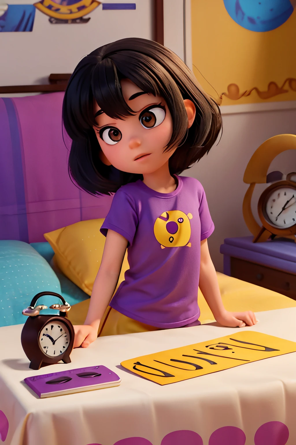 disney pixar poster title "When Yellow Rings"  black hair brown eyes wearing purple shirt sleeping in a bed in an orphanage with a yellow alarm clock on her side table