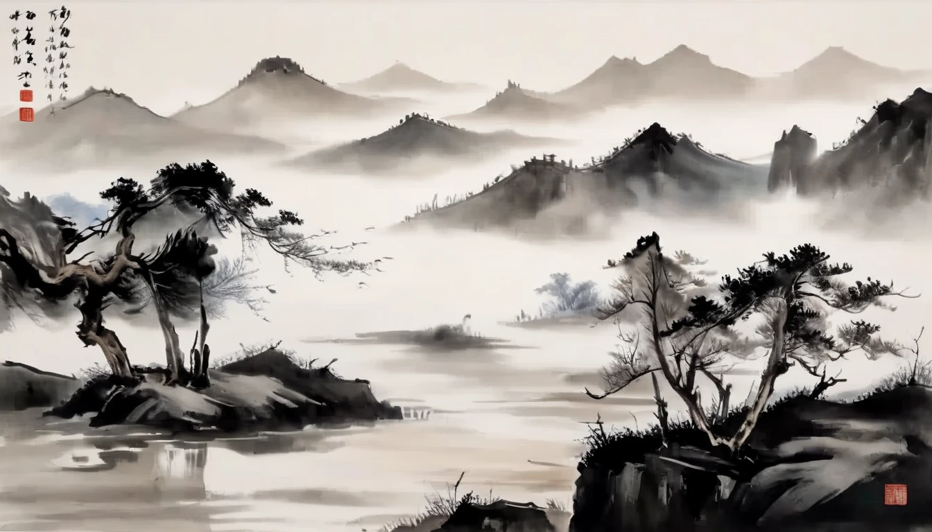 water墨画和water彩画，Drawing on rice paper，Use thick and light inks to create light and dark changes and layers，选择正确的墨water颜色，Such as deep black、thick gray、light coffee, ETC，express different situations and atmospheres，Control the gradient and transition of ink colors through the humidity and consistency of the ink，Monte，water，Tree，lake surface，desolate, desolate, ，black and white tones，dead tree， 中国传统water墨画, Chinese traditional art, author：Guo Xi, author：Ma Yuanyu, traditional Chinese painting, author：Xu Xi, author：Luo Mu, author：Yang Buzhi, author：Li Kelan, author：Zhi&#39;an, water墨画 ) ) ) ), 中国water墨画, 中traditional Chinese painting风格