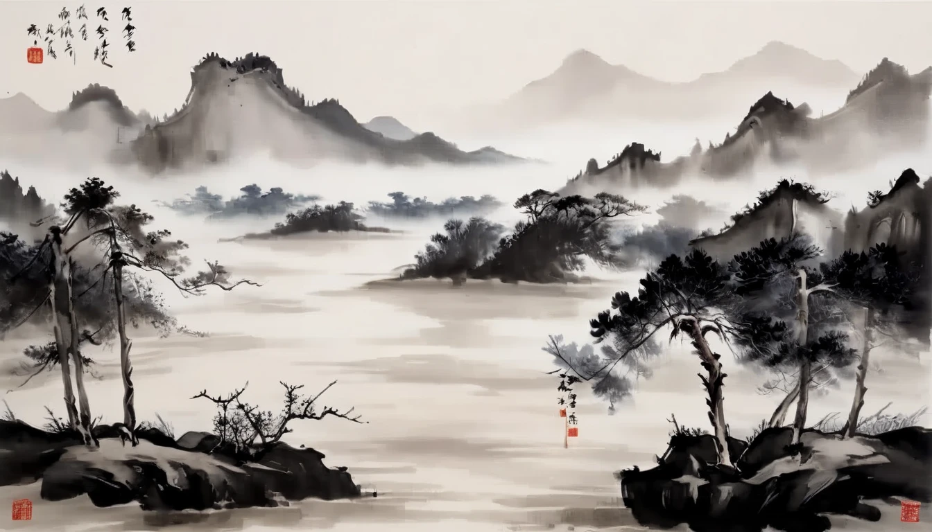 water墨画和water彩画,Drawing on rice paper,Use thick and light inks to create light and dark changes and layers,选择正确的墨water颜色,Such as deep black、thick gray、light coffee, ETC,express different situations and atmospheres,Control the gradient and transition of ink colors through the humidity and consistency of the ink,Monte,water,Tree,lake surface,desolate, desolate, ,black and white tones,dead tree, 中国传统water墨画, Chinese traditional art, author:Guo Xi, author:Ma Yuanyu, traditional Chinese painting, author:Xu Xi, author:Luo Mu, author:Yang Buzhi, author:Li Kelan, author:Zhi'an, water墨画 ) ) ) ), 中国water墨画, 中traditional Chinese painting风格