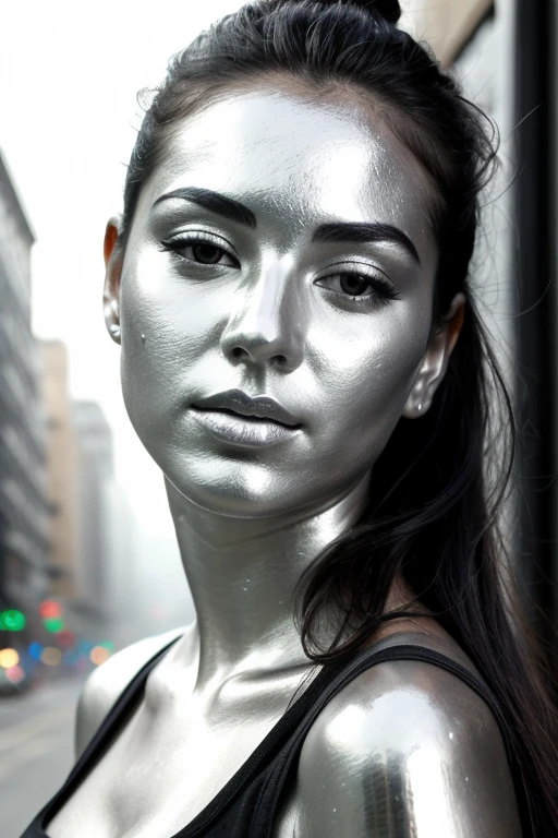 city street, neon, fog, volumetric, closeup portrait photo of beautiful young mexican woman silver living statue, intricate perfectly body head face metallic chrome silver paint, detailed facial head body, lifelike expression, living statue, metallic chrome silver tone, perfectly drawn face body head, black hair, (wearing black tank top),