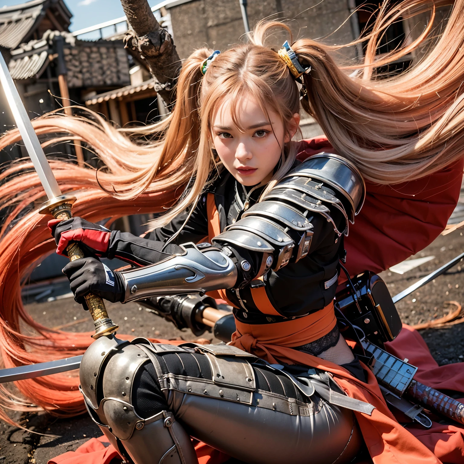 (best quality,highres,masterpiece:1.2),mechanical,hydraulic cylinders,samurai armor,Japanese sword,beautiful girl,twin tails,silver hair,realistic,photorealistic:1.37,photo shoot,ultra-detailed,hyper-realistic textures,full body,battlefield