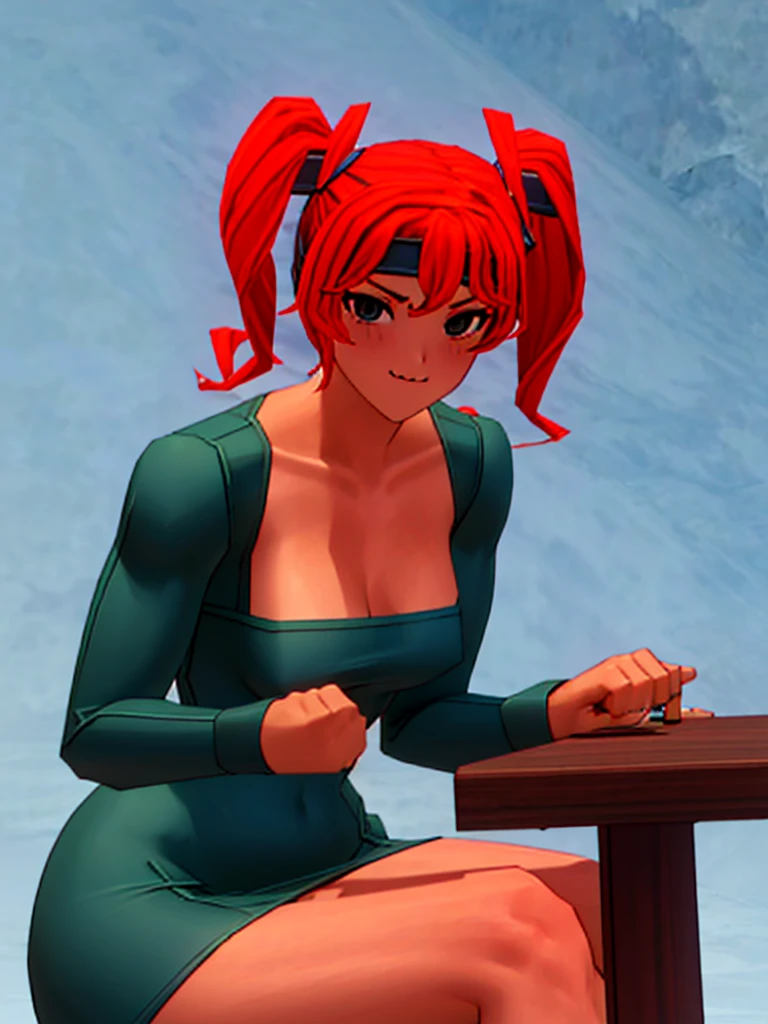 Twintail, red haired, 1girl, grey eyes, well toned, well built, muscled, toned muscles, solo, breasts, looking_at_viewer, smirk, bangs, grey_eyes, small_breasts, black_dress, indoor, sitting, throne, looking_down, crossed_legs, head_rest