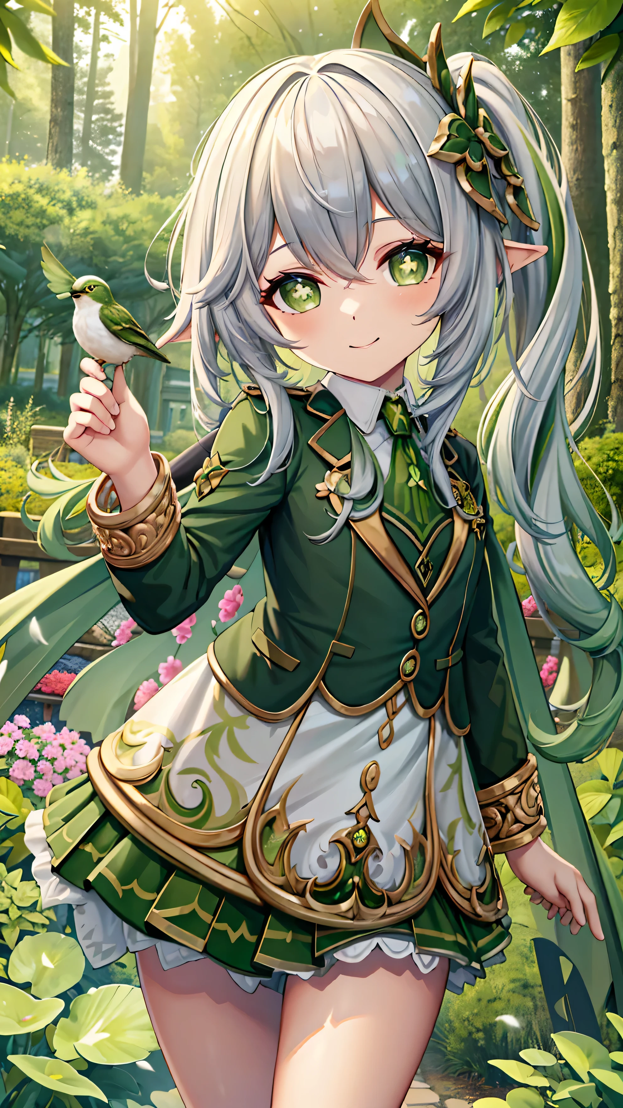 masterpiece, highest quality, 1 girl, alone, Nahida_Genshin, cross-shaped pupil, , green tie, blazer, pleated skirt, green cloak,  smile, Playing with small birds, (complex background, There are many elements in the background:1.2), ((super detailed background)), ((8K wallpaper)), in the forest, flower garden, squirt
