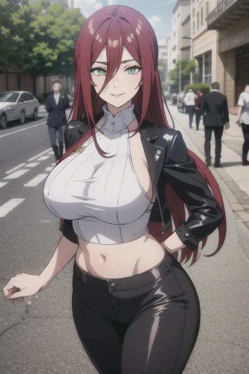 mature women,milf,large breast,beautiful face,long hair, shiny hair, green eyes,high detailed,red hair, hair between eye,masterpiece,cowboy shot,perfect anatomy,cleveage,dynamic pose,leather jacket, open white t-shirt, black pants,street,exposed belly,sexy smile,slim muscle body,