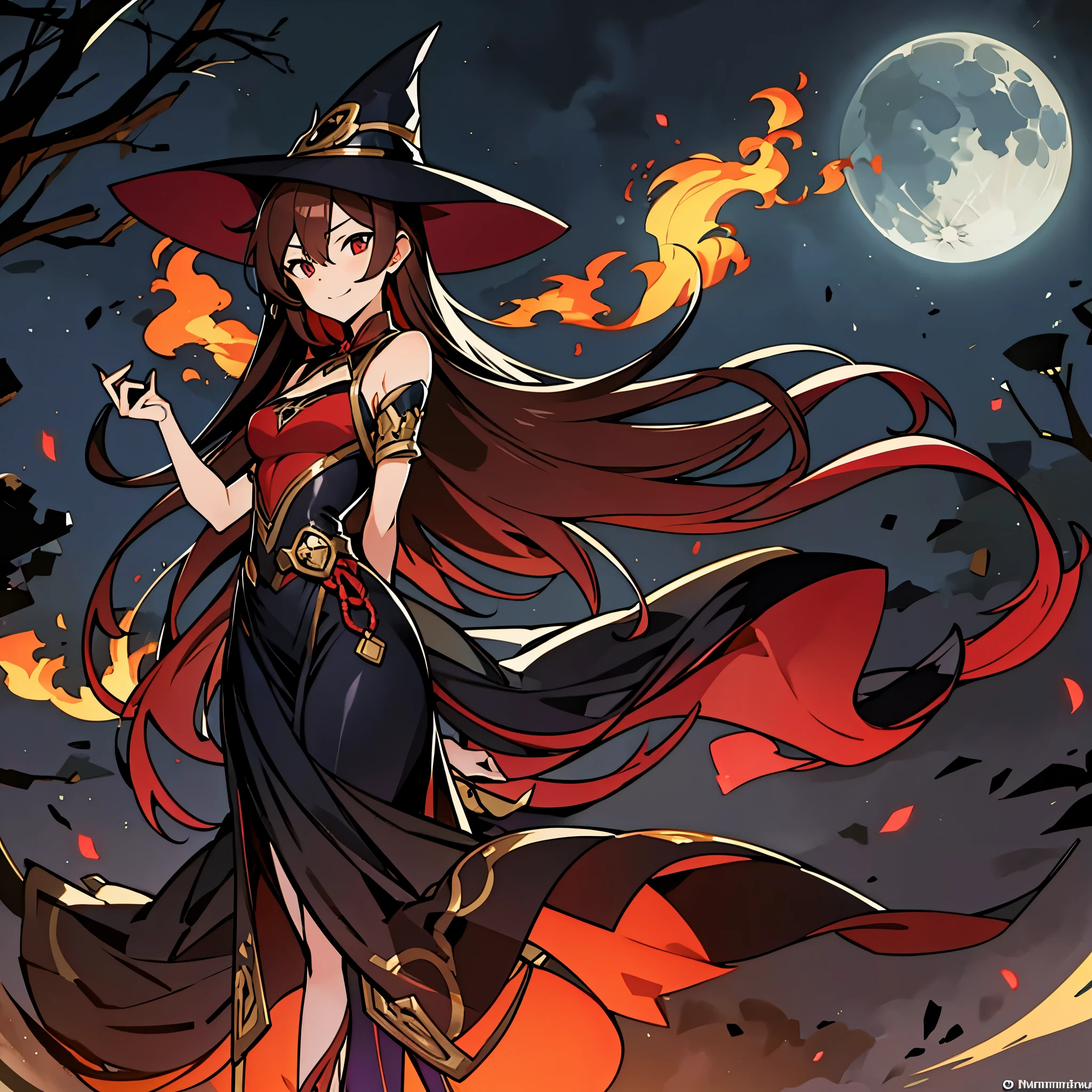 A young and beautiful female magician，solo，Reddish brown hair，The body is sexy and plump，wearing wizard hat，Wearing a sexy dark red cheongsam，Burning palms，The whole body is surrounded by flame magic，standing in the fire，The surrounding environment is a blazing flame and a night sky filled with fire.，There is a full moon in the night sky。Full Moon Night Style，Medium shot composition, Characters and scenes, game concept art style, Anime illustration style, anime style, Classicism, anime, Conceptual art, tachi-e, close-up, 4K, masterpiece, UHD, high details, high quality, anatomically correct