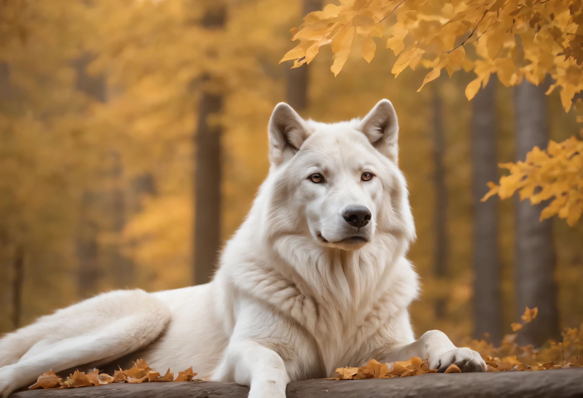 Masterpiece, A beautiful queen, crowned with gold and diamonds sits in the forest in autumn, accompanied by a large white wolf, on the edge of a clear and very beautiful river, high definition at 4k resolution, sharp focus, with very detailed facial features and realistic visual style, high detail face, high detail skin, high resolution, photo-realistic, cinematic lighting, depth of field, bokeh