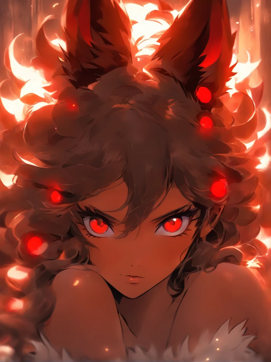 a beautiful girl with red eyes, pearl skin , long brown hair and wolf ears. She stay nude in the filed