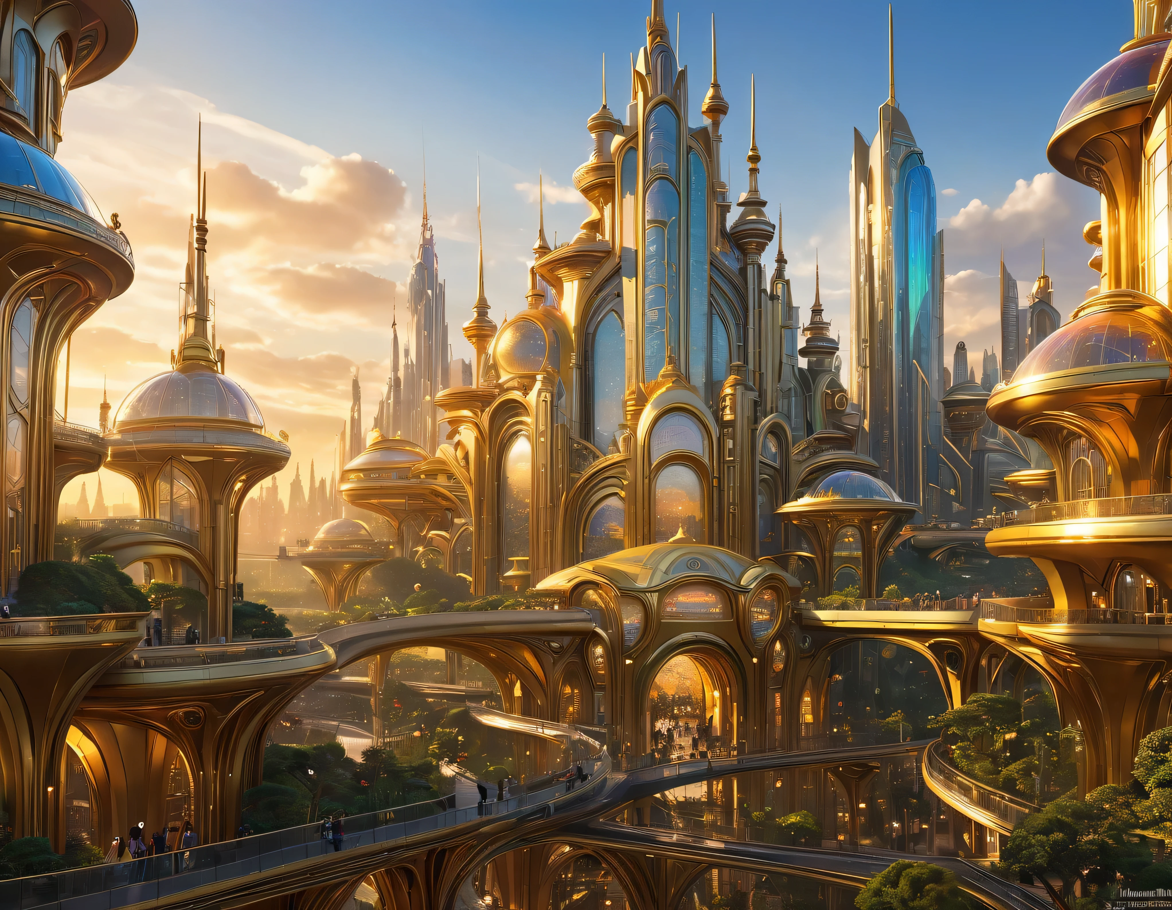 (golden hour lighting), megacity, megalopolis of an imaginary world of science fiction , parecido a una disneylandia futurista, and maximum fantasy, con inmensos edificios y rascacielos ovalados y dodecaedricos agrupados de metal y cristal donde predomina el oro refulgente y los anuncios luminosos de colores. imagen bien definida 8k, (intrincados detalles de la maquina), con muchos edificios juntos.(obra maestra de superior calidad).(imagen fotorrealista), nitidez absoluta hasta el fondo