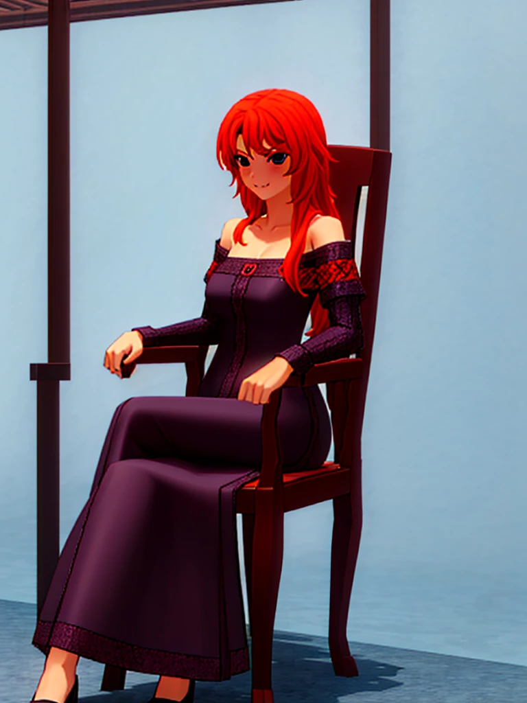 asuka, 1girl, solo, long_hair, breasts, looking_at_viewer, smirk, bangs, blue_eyes, orange_brown_hair, small_breasts, black_dress, indoor, sitting, throne, looking_down, crossed_legs, head_rest