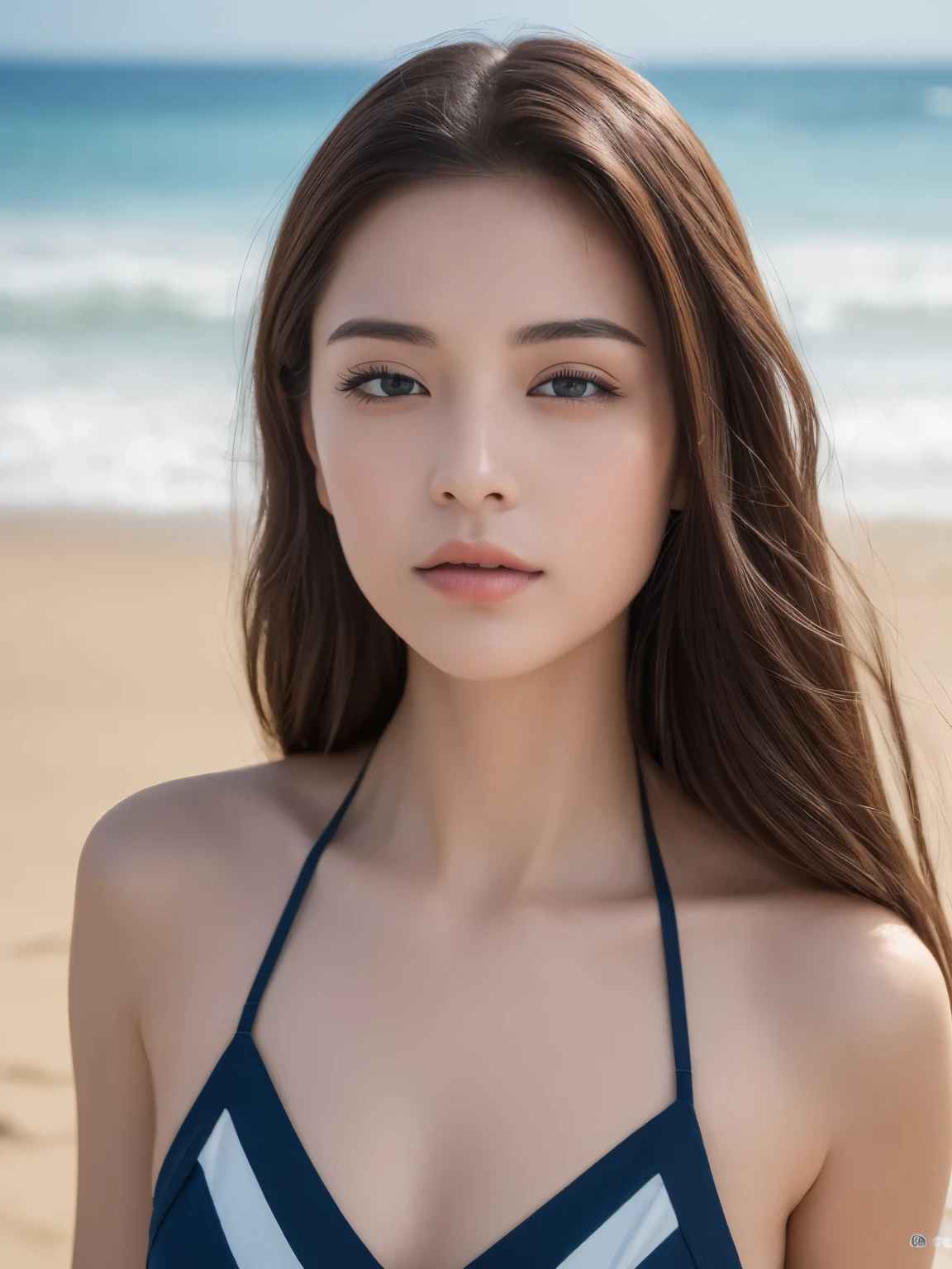 ((highest quality, 8K, masterpiece: 1.3)), clear focus: 1.2, 1 girl, perfect figure: 1.4, slim abs: 1.1, ((dark brown hair)), Light navy bikini, (outdoor, noon: 1.1), blurry beach background, super fine face, fine eyes, double eyelid、closed mouth