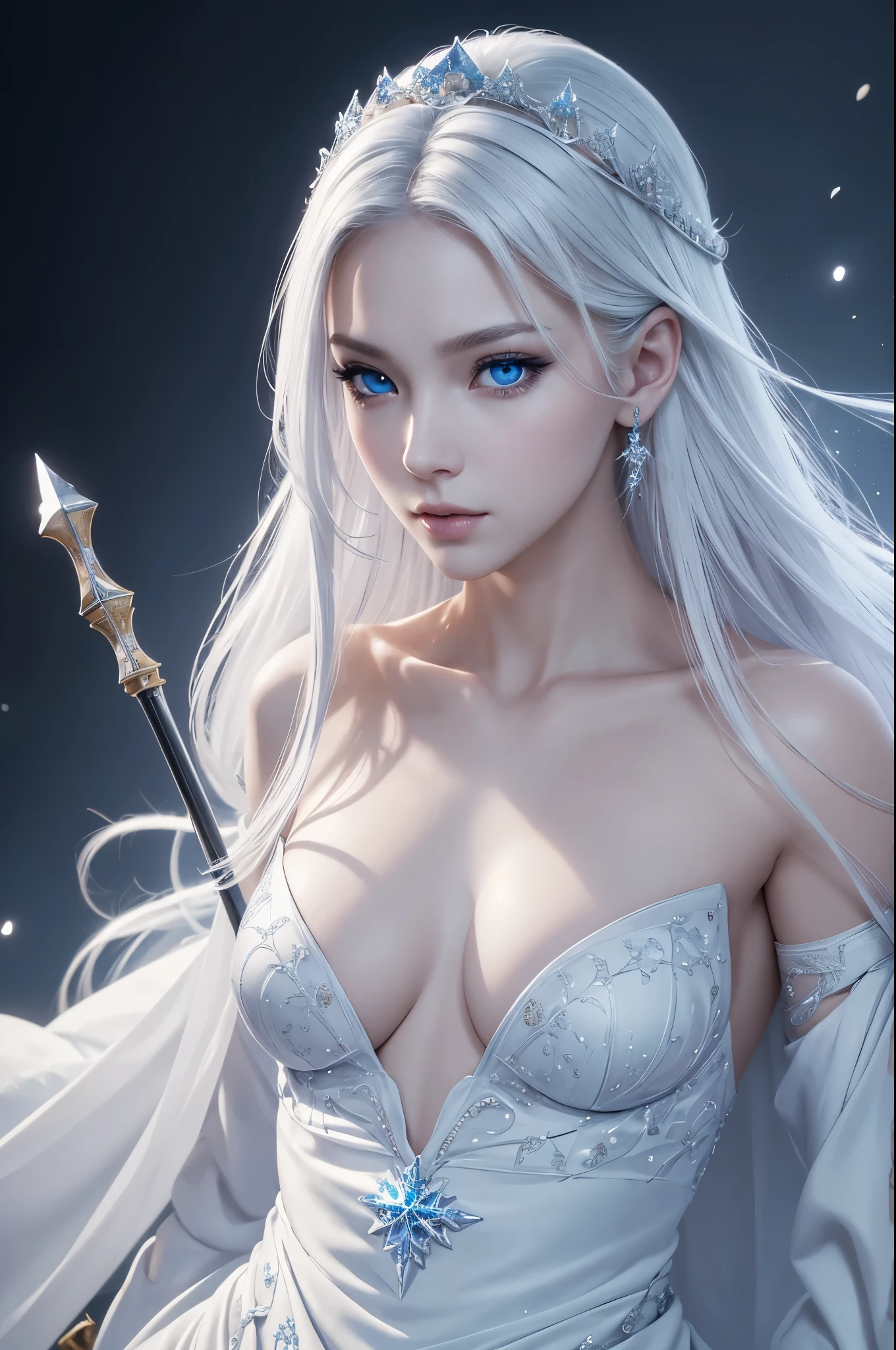 8K,Pale-skinned ice queen,Clear blue eyes,Super beautiful(like the real thing),A pure white dress with a blue snowflake emblem,sharp gaze,stern look,Mysterious Make-up,pale hair,holding a big golden stick in his hand,Sexy adult empress,perfect face,masterpiece,Intricate details,Volume measurement,perfect handsの造形,body balance,ultra high resolution,super realistic skin,Digital single-lens reflex camera, soft lighting, high quality, highly detailed face, highly detailed eyes, highly detailed skin, skin, Scattered beneath the surface, highly detailed face, highly detailed eyes, beautiful expression, lip whole, detailed background, Depth of the bounds written, small breasts、volume lighting, sharp focus, absurd, realistic proportions, excellent anatomy, (realistic, 超realistic:1.4), 16K HDR, dawn,small breastsA high resolution,super realistic skin,super beautiful expression,fantasy art,character art,dynamic pose,perfect hands,