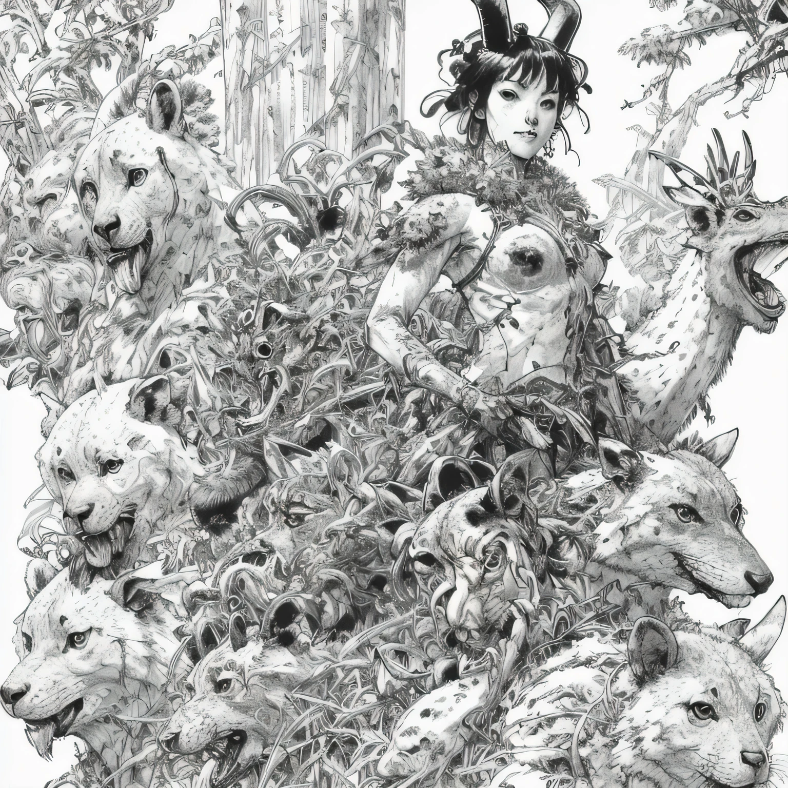 kimjunggi style, kimjunggis style, sketch of a queen of forest, with various animals, complex backdrop, art by artgerm and greg rutkowski, underground comic
