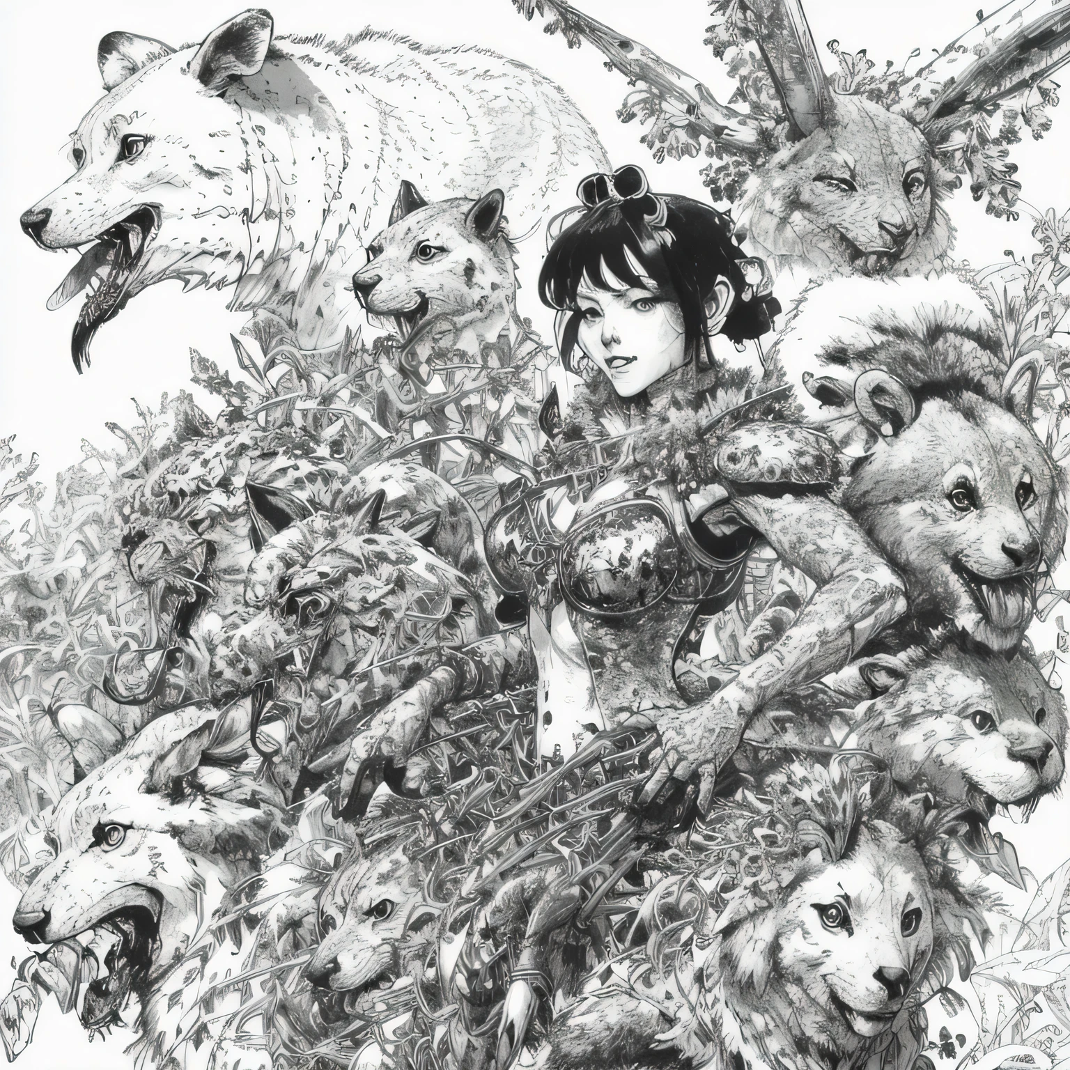 kimjunggi style, kimjunggis style, sketch of a queen of forest, with various animals, complex backdrop, art by artgerm and greg rutkowski, underground comic