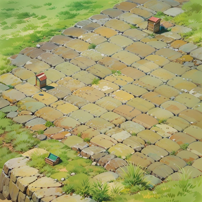 ilustracion hecha y pintada a mano, estilo studio  ghibli de baldosas rusticas  de piedra gris claro, en una piso de bladosas gris vlaro pintados a mano con arenas del desierto, un piso en medio de las dunas, isometrico, vista aerea