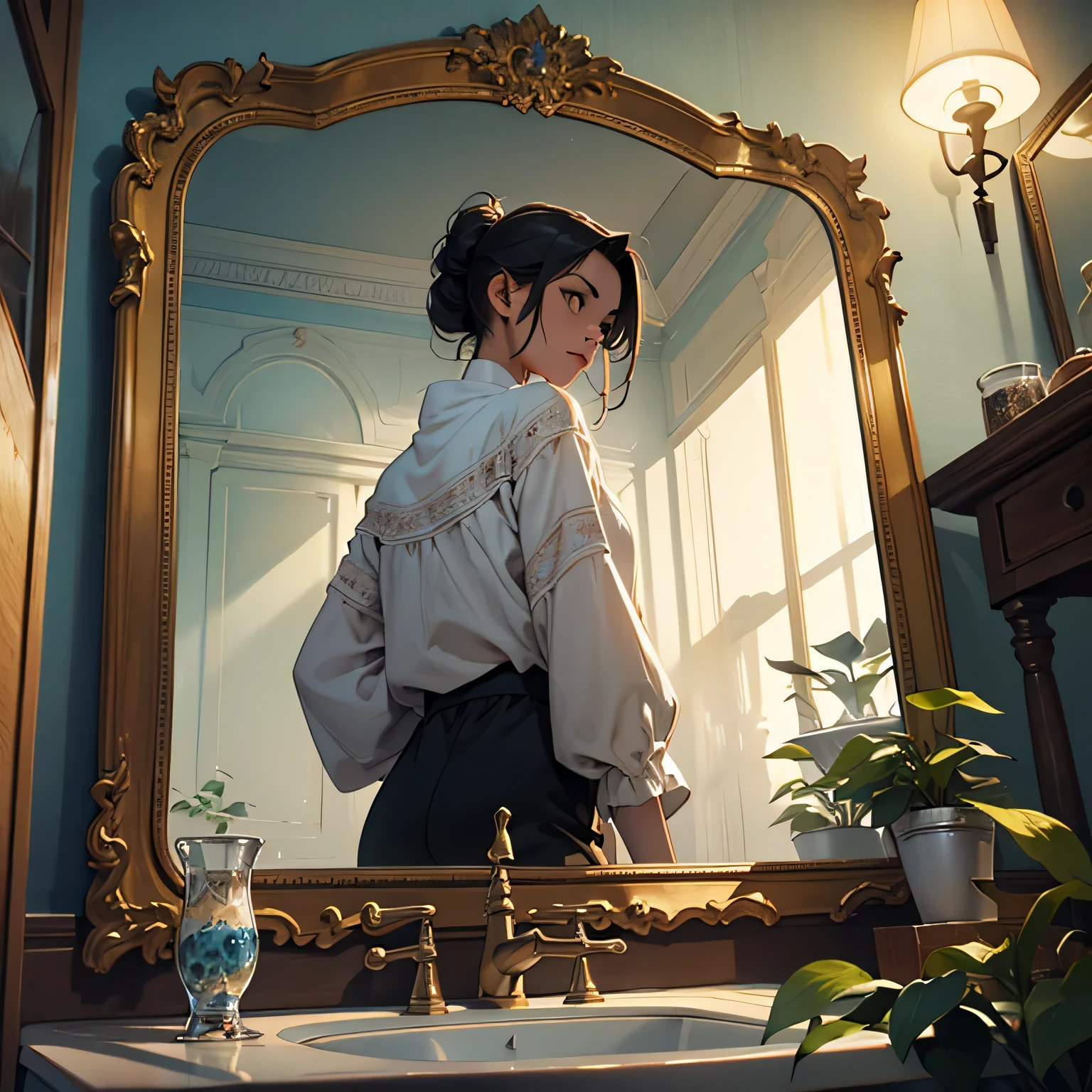 Sarah, uma jovem, located in a dimly lit attic, cercada por caixas empoeiradas. Ela veste roupas casuais e modernas. In front of you, there is an old and ornate mirror covered in dust. Sarah hesita por um momento, feeling a strange sense of fascination and apprehension. Com um suspiro nervoso, She reaches out with a trembling hand and wipes the dusty surface of the mirror, revelando um reflexo turvo e distorcido de si mesma. Enquanto observa o espelho, your reflection begins to transform, revelando uma paisagem misteriosa e encantadora dentro do espelho. A paisagem parece convidativa, com um toque de magia e aventuras desconhecidas. Sarah parece fascinada e apreensiva, Torn between the desire to explore the mystical world beyond the mirror and the fear of the unknown. A cena captura um momento de suspense e maravilhamento, com uma mistura de elementos modernos e antigos.