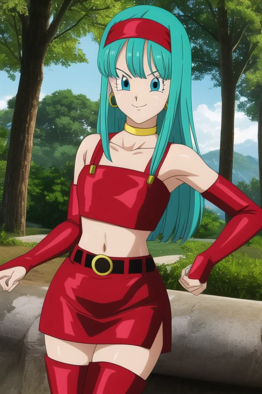 dbgtbra,1girl,solo,aqua hair,straight hair,long hair,aqua eyes,red hairband, smile,closed mouth,cowboy shot, red thighhighs,bare shoulders,collarbone,red boots,midriff,shiny,red belt,zettai ryouiki,red crop top,red skirt,thigh boots,red footwear,red tube top,neck ring,yellow choker,red miniskirt,bridal gauntlets,red gauntlets,tube top,leather, forest,outdoor, (insanely detailed, beautiful detailed face, masterpiece, best quality) cinematic lighting,
