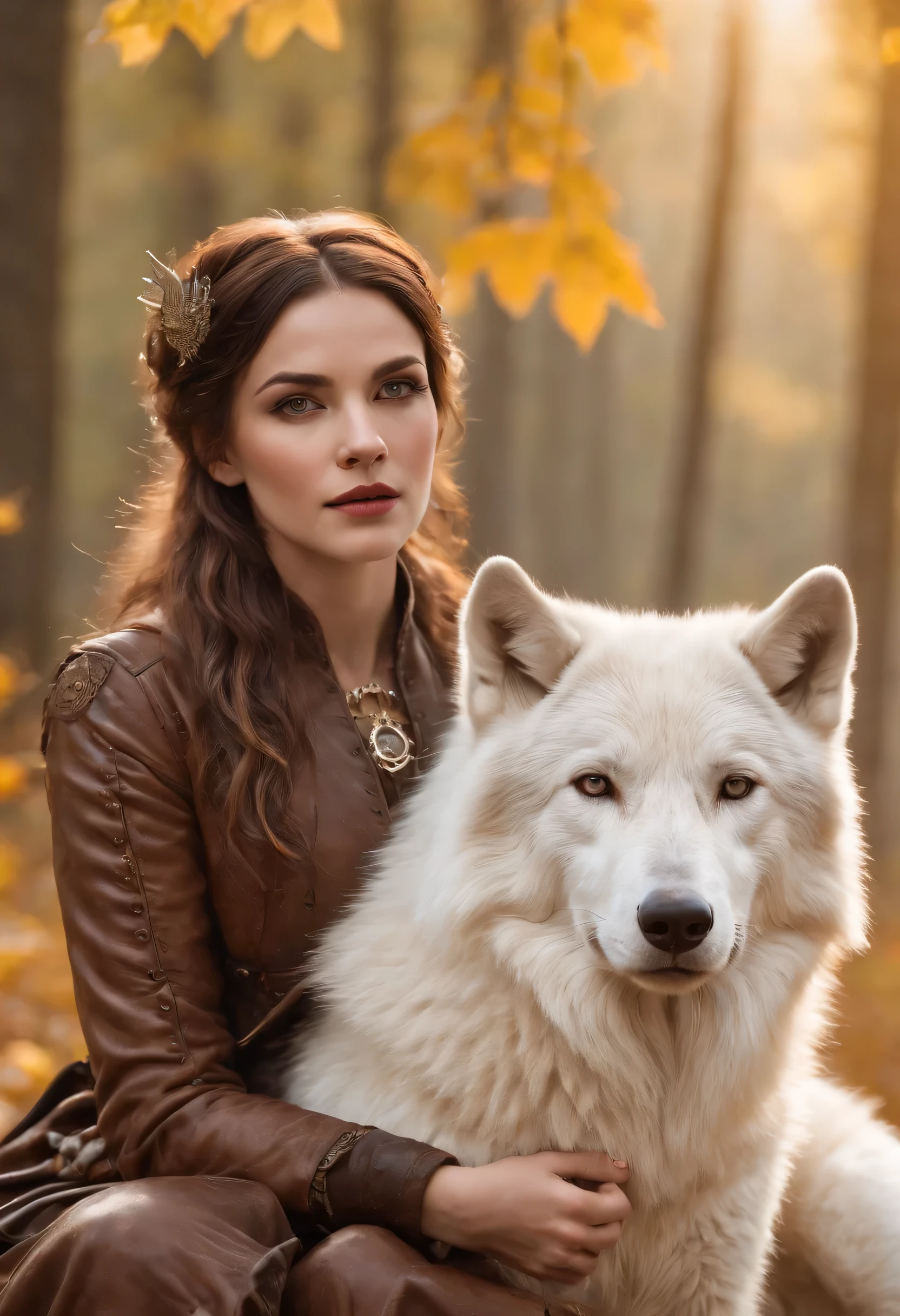 Masterpiece, A beautiful Steampunklady, sits in the forest in autumn, accompanied by a large white wolf, on the edge of a clear and very beautiful river, high definition at 4k resolution, sharp focus, with very detailed facial features and realistic visual style, high detail face, high detail skin, high resolution, photo-realistic, cinematic lighting, depth of field, bokeh