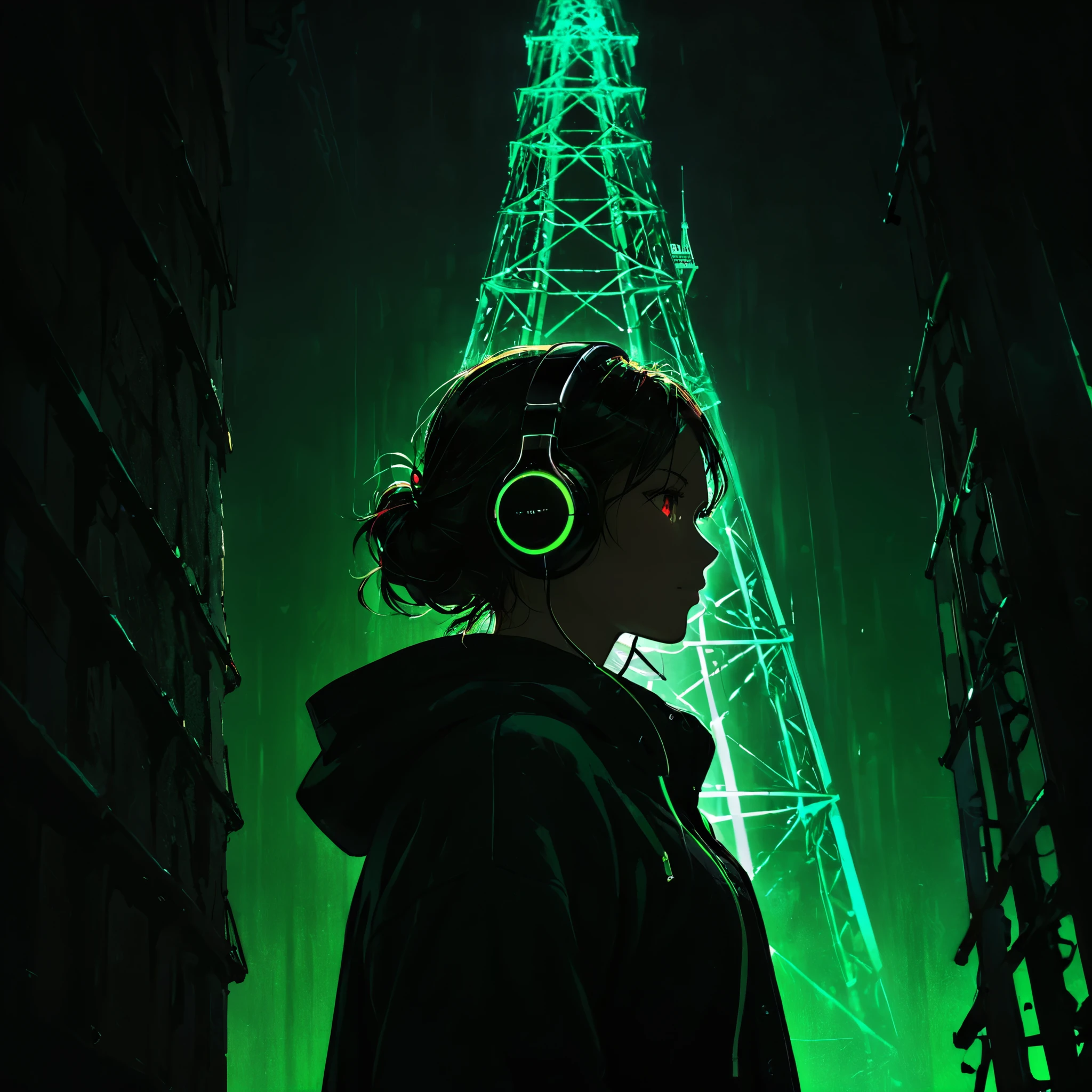 Tower Focus，A large iron tower,1 girl, Stand at the top of the tower,alone,(from below:1.5), earphone, hoodie, contour, green theme, low saturation,contour，dark，(Background with rich lines:1.8)，abstract background, Detail glow neon red eyes, (looking at the scenery:1.5)