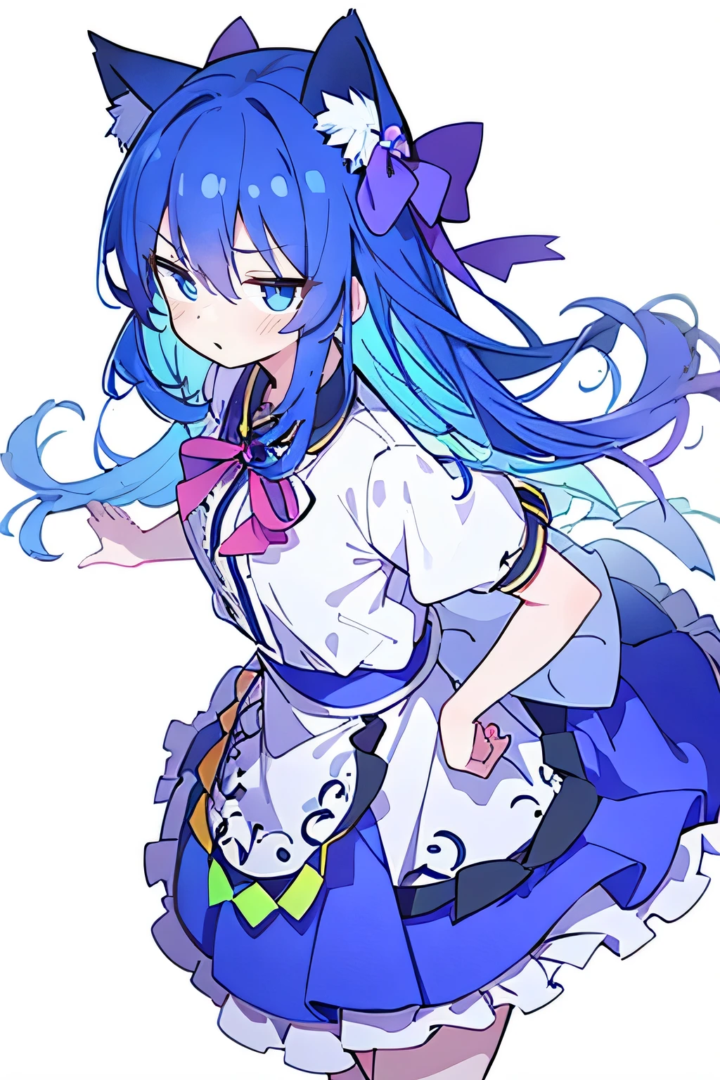 (masterpiece),best quality, expressive eyes, perfect face, 1girl,
 Put your hands on your waist,fair, Gorgeous,Japanese cartoons,girl,lola,Hina Angel, blue hair, blue haired, floating clothes,Grab your waist, Grab your waist, hands on hips , hands on hips,sit, sit on ground, Legs on the ground, flat chest,cat ears,