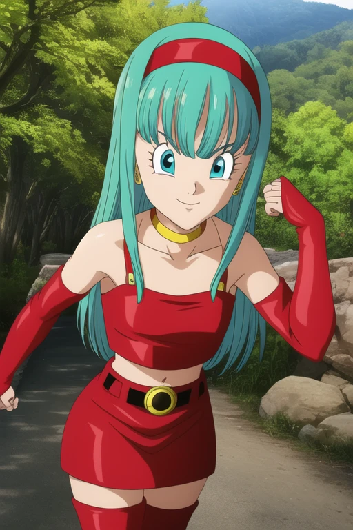 dbgtbra,1girl,solo,aqua hair,straight hair,long hair,aqua eyes,red hairband, smile,closed mouth,cowboy shot, red thighhighs,bare shoulders,collarbone,red boots,midriff,shiny,red belt,zettai ryouiki,red crop top,red skirt,thigh boots,red footwear,red tube top,neck ring,yellow choker,red miniskirt,bridal gauntlets,red gauntlets,tube top,leather, forest,outdoor, (insanely detailed, beautiful detailed face, masterpiece, best quality) cinematic lighting,
