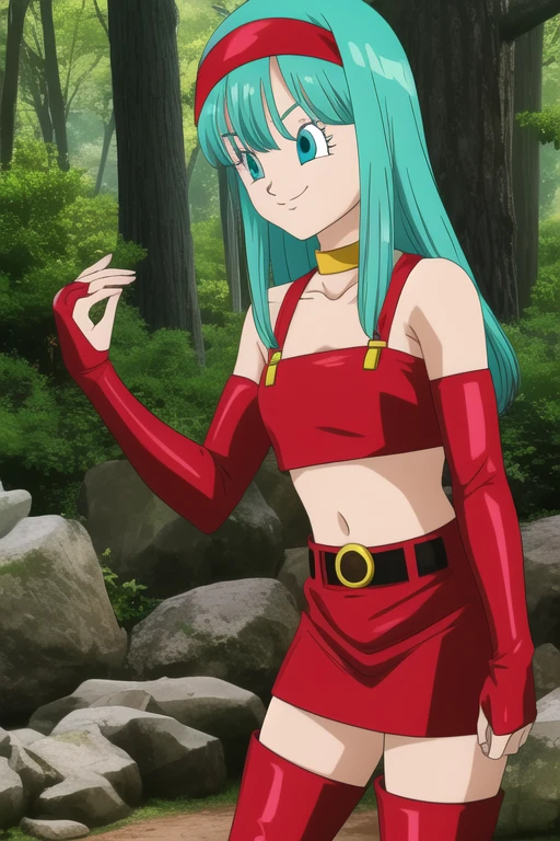 dbgtbra,1girl,solo,aqua hair,straight hair,long hair,aqua eyes,red hairband, smile,closed mouth,cowboy shot, red thighhighs,bare shoulders,collarbone,red boots,midriff,shiny,red belt,zettai ryouiki,red crop top,red skirt,thigh boots,red footwear,red tube top,neck ring,yellow choker,red miniskirt,bridal gauntlets,red gauntlets,tube top,leather, forest,outdoor, (insanely detailed, beautiful detailed face, masterpiece, best quality) cinematic lighting,
