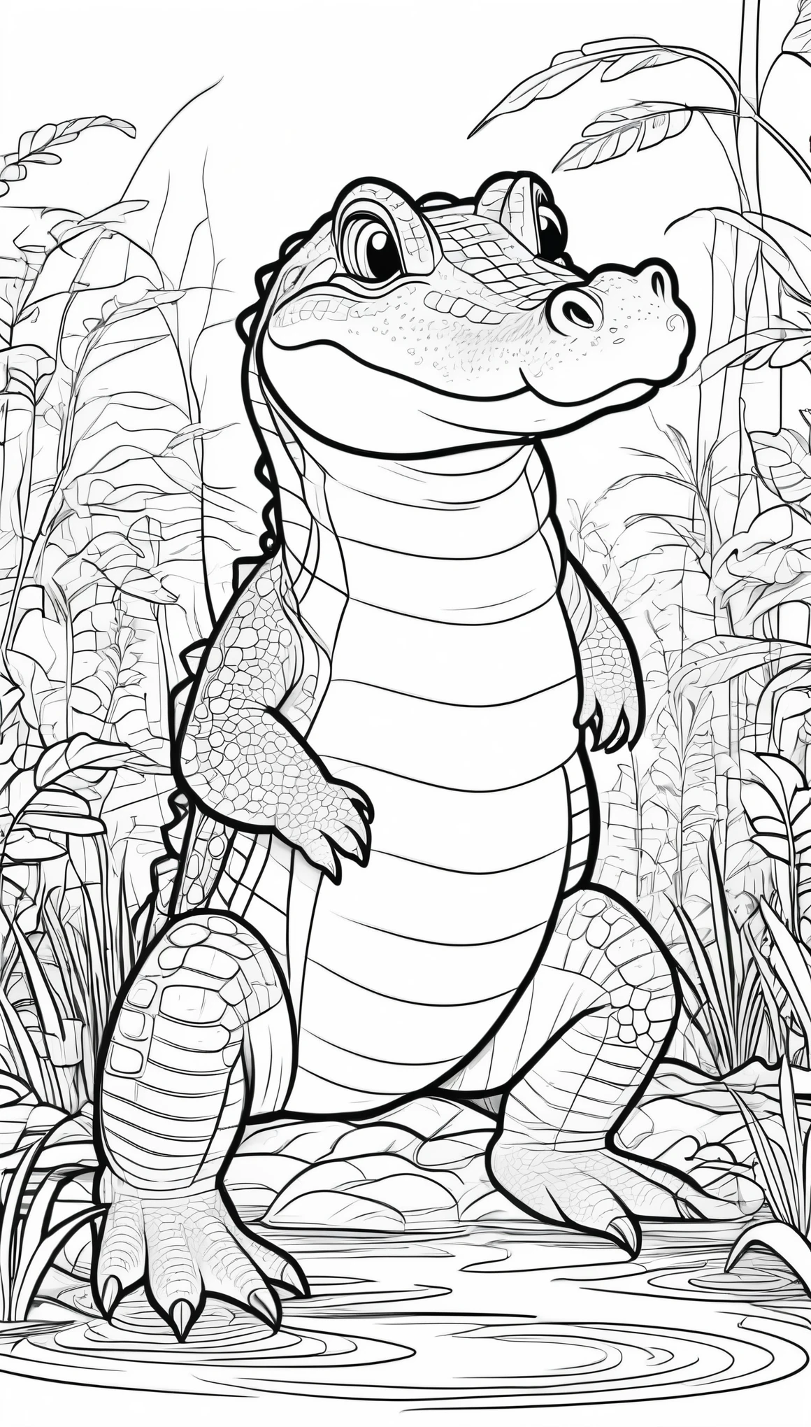 Draw an Alligator in the Forest, Black and White Outline, Coloring Book Page, Coloring Pages, Full White, White Background, Full Body, Sketch Style, (((((white background)))) ), use outline only, cartoon style, line art, coloring book, clean line art, white background
draw by hand