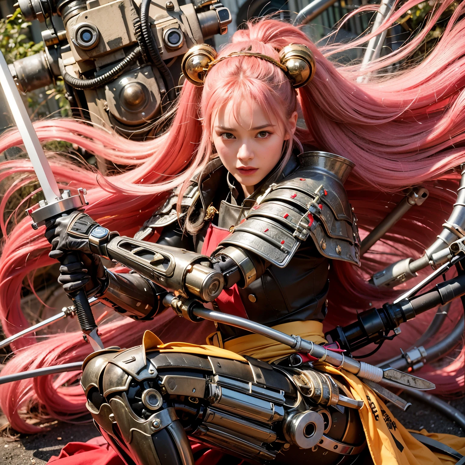 (best quality,highres,masterpiece:1.2),(mechanical:1.4,hydraulic cylinders:1.2),samurai armor,Japanese sword,beautiful girl,twin tails,silver hair,realistic,photorealistic:1.37,photo shoot,ultra-detailed,hyper-realistic textures,full body,battlefield