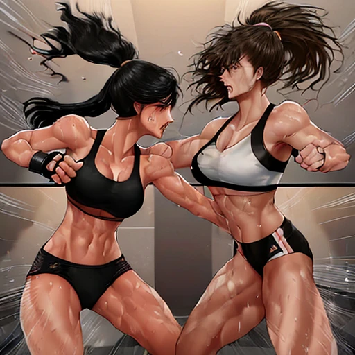 A physical fight between two beautiful female heavyweight mixed martial artists。Attacking opponents with powerful kicks and punches。Exchanging blows inside the Octagon。Rivals。black hair。desperate look。sweaty。Full of scars。Shortness of breath with open mouth。Outstanding proportions。Toned Body。open finger gloves。sports bra。High leg bikini shorts。