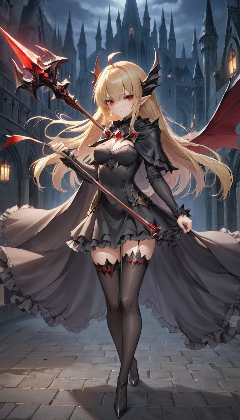 1girl, solo, blonde-hair, red-eyes, pointy-ears, looking-at-viewer, long-hair, pantyhose, vampire, holding, dress, two-side-up, black-pantyhose, hair-ornament, holding-weapon, weapon, black-dress, cape, bat-hair-ornament, standing, long-sleeves, blush, thick thighs, frills, holding-Spear , black-cape, closed-mouth, short-dress, floating-hair, ((Spear))