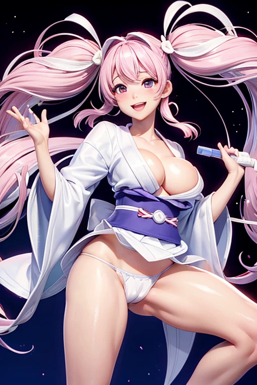 NSFW, Sakura hair color twintails, white kimono, very big breasts, Micro bikini with white and blue stripes, pure white panties, Ecstatic smile, very out one's crotch, Masturbation with mouth open, creampie, very meny sperma, open the outfit,