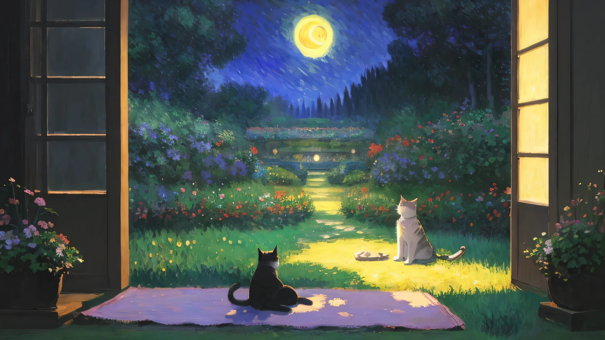 A cat, Under the soft moonlight, A faint light, Shadows swaying in the breeze, A journey, Soothing the comfort of the soul, The tranquility before dawn, Meditation & Relaxation, Monet, anime style, drop shadow, HD