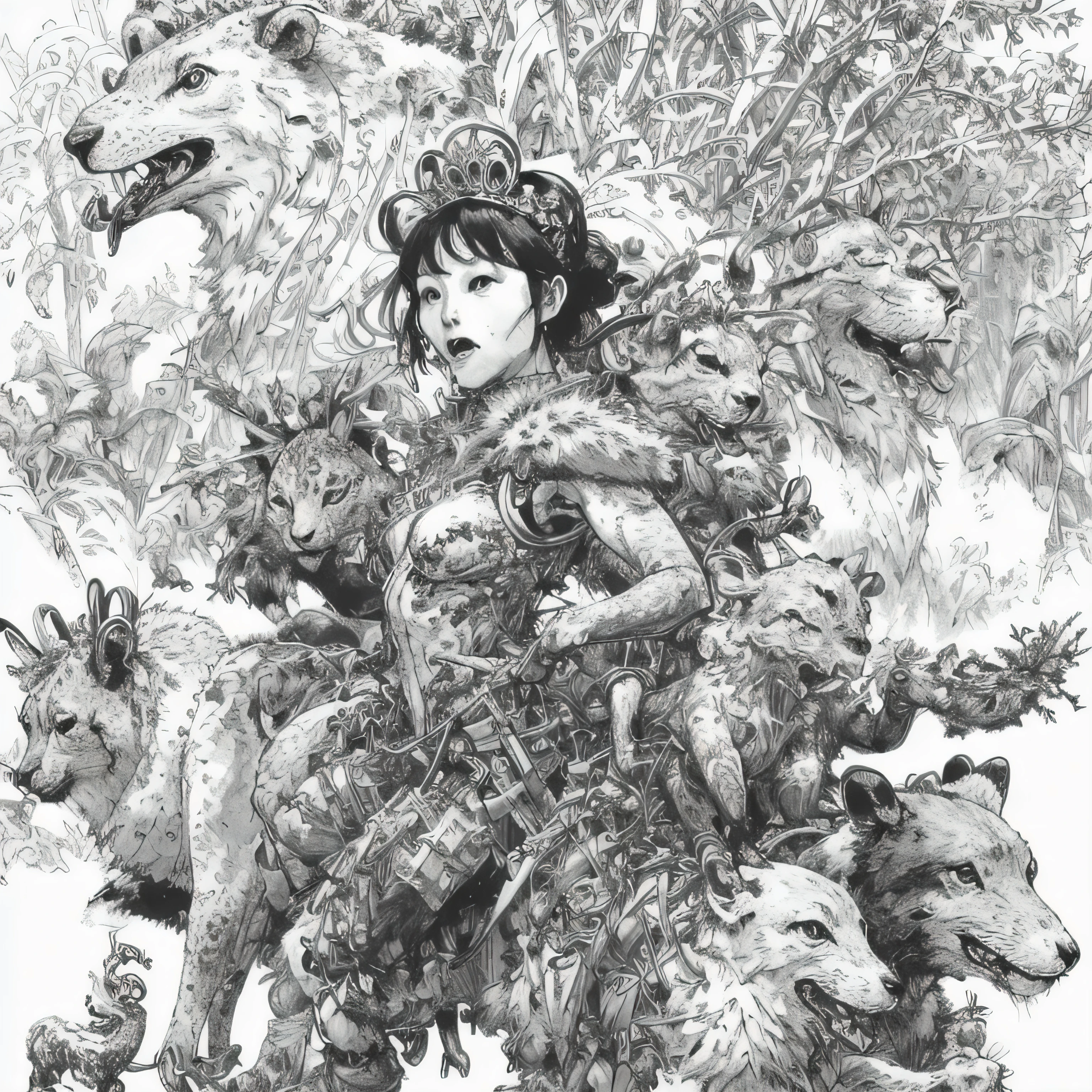 kimjunggi style, kimjunggis style, sketch of a queen of forest, with various animals, complex backdrop, art by artgerm and greg rutkowski, underground comic