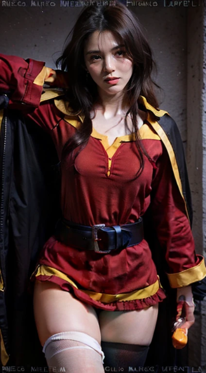 araffed woman in a red and yellow outfit posing for a picture, megumin, megumin from konosuba, half invoker half megumin, black - haired mage, maya ali as a lightning mage, with cape, wearing red sorcerers robes, irelia from league of legends, anime girl cosplay, rin tohsaka