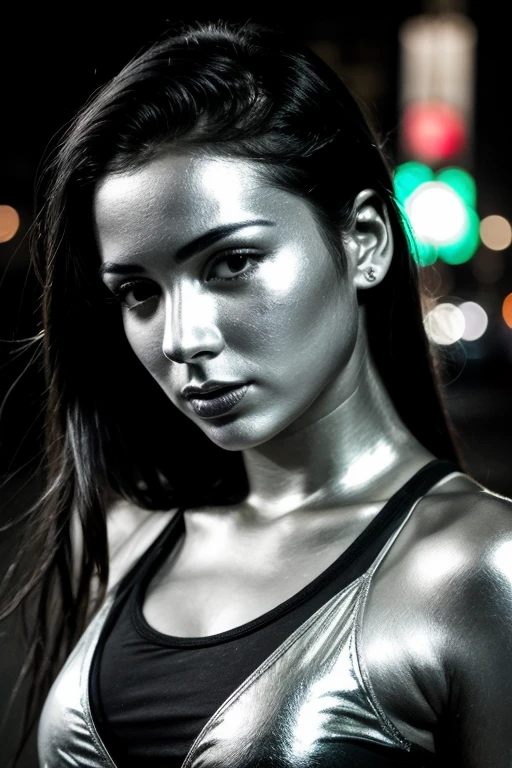 city street, neon, fog, volumetric, closeup portrait photo of beautiful young mexican woman silver living statue, intricate perfectly body head face metallic chrome silver paint, detailed facial head body, lifelike expression, living statue, metallic chrome silver tone, perfectly drawn face body head, black hair, (wearing black tank top),
