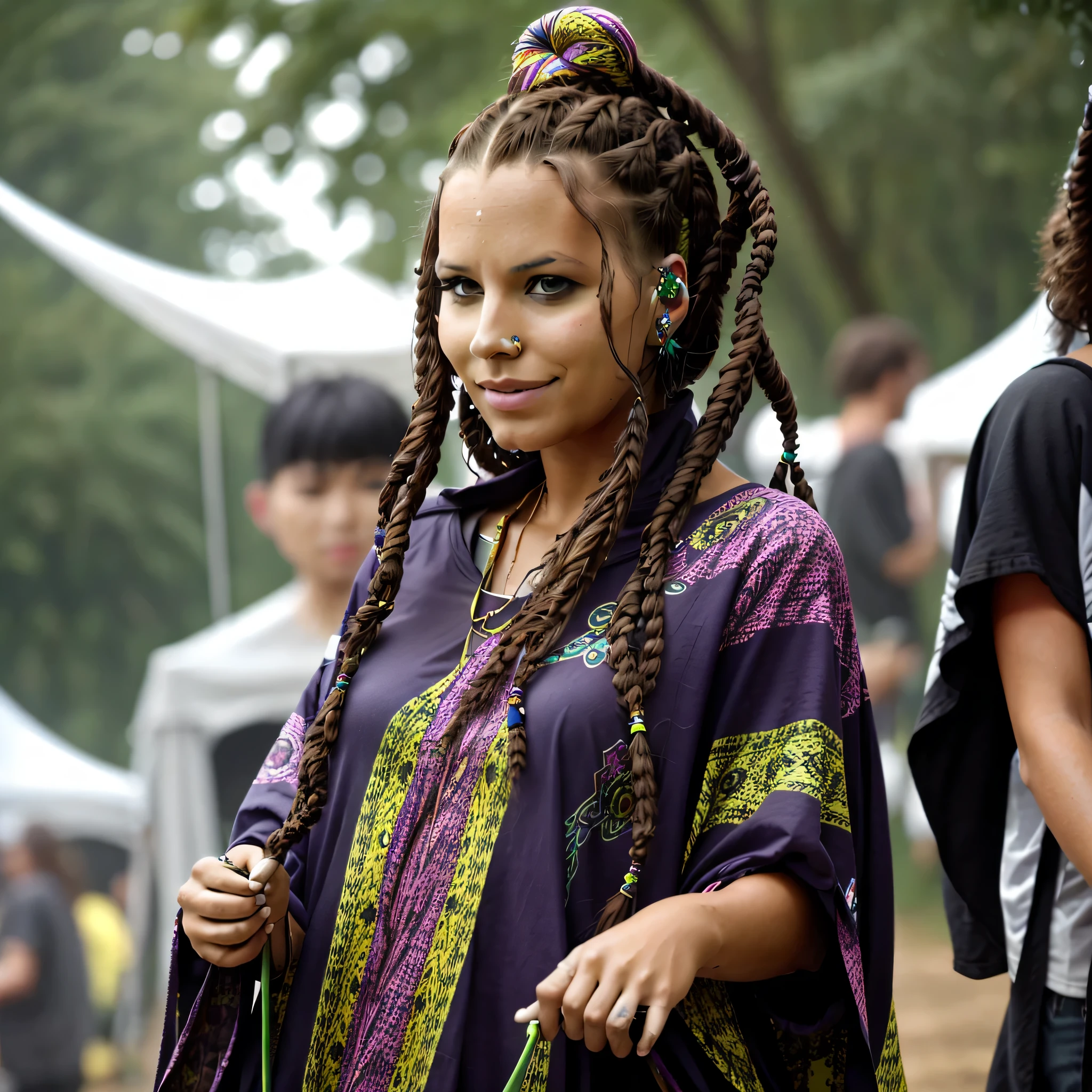 hippy woman hair braided, plastic poncho, raining, dark forest, music festival