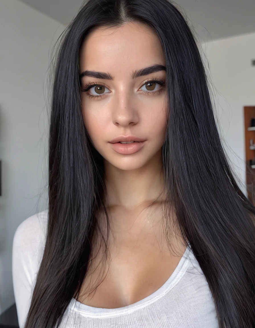 woman, 25 years old, ultra definition, (fotorrealista: 1.4), 8K, calidad premier, fondos detallados, cara delicada, maquillaje natural, foto cruda, iPhone, HDR, en lenceria, cabello negro, white skin, long hair, straight hair, Skinny body, black hair, senos medianos, ropa sexy