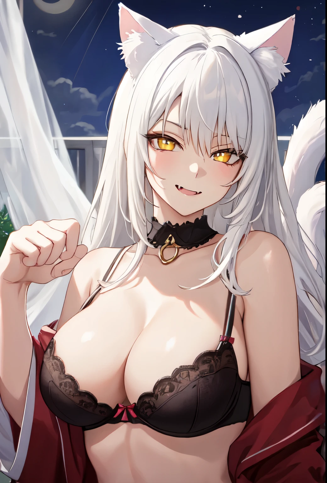 best qualimasterpiece, best quality, highres, detailed, 1girl, solo, very long hair, cleavage, smirk, black bra, underwear, fang, large breasts, yellow eyes, white hair, cat ears, cat girl, slit pupils, alternate breast size, paw pose,portrait,night, dim lighting, ponytail over shoulder