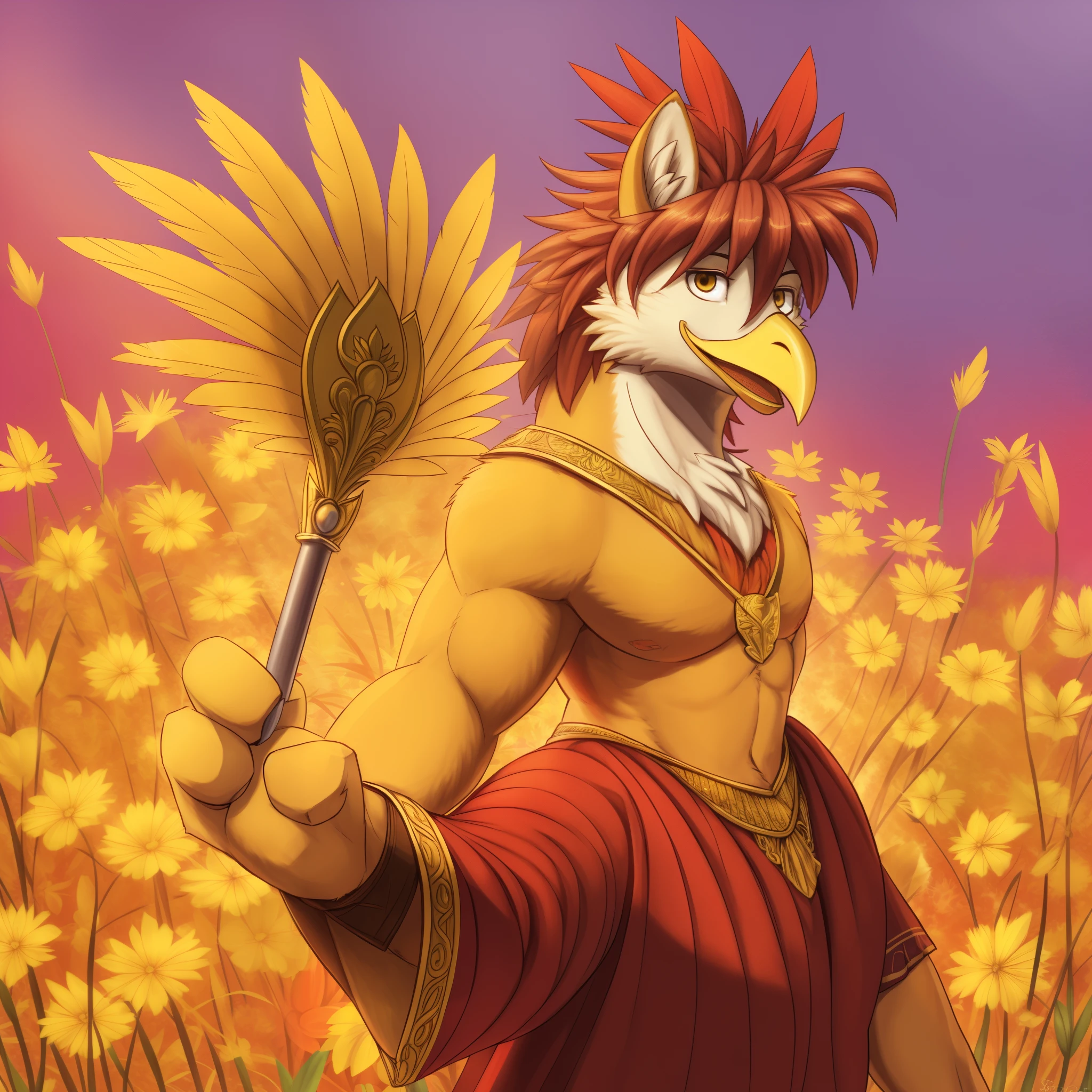 high resolution, (rooster), anthro, 4 fingers, vibrant red feathers, golden crown, regal stance, confident expression, detailed body, detailed face, detailed feathers, sunny meadow, colorful background, by feathered_artist, by rooster_master, by cluck_cluck, warm atmosphere, open beak, proud gaze