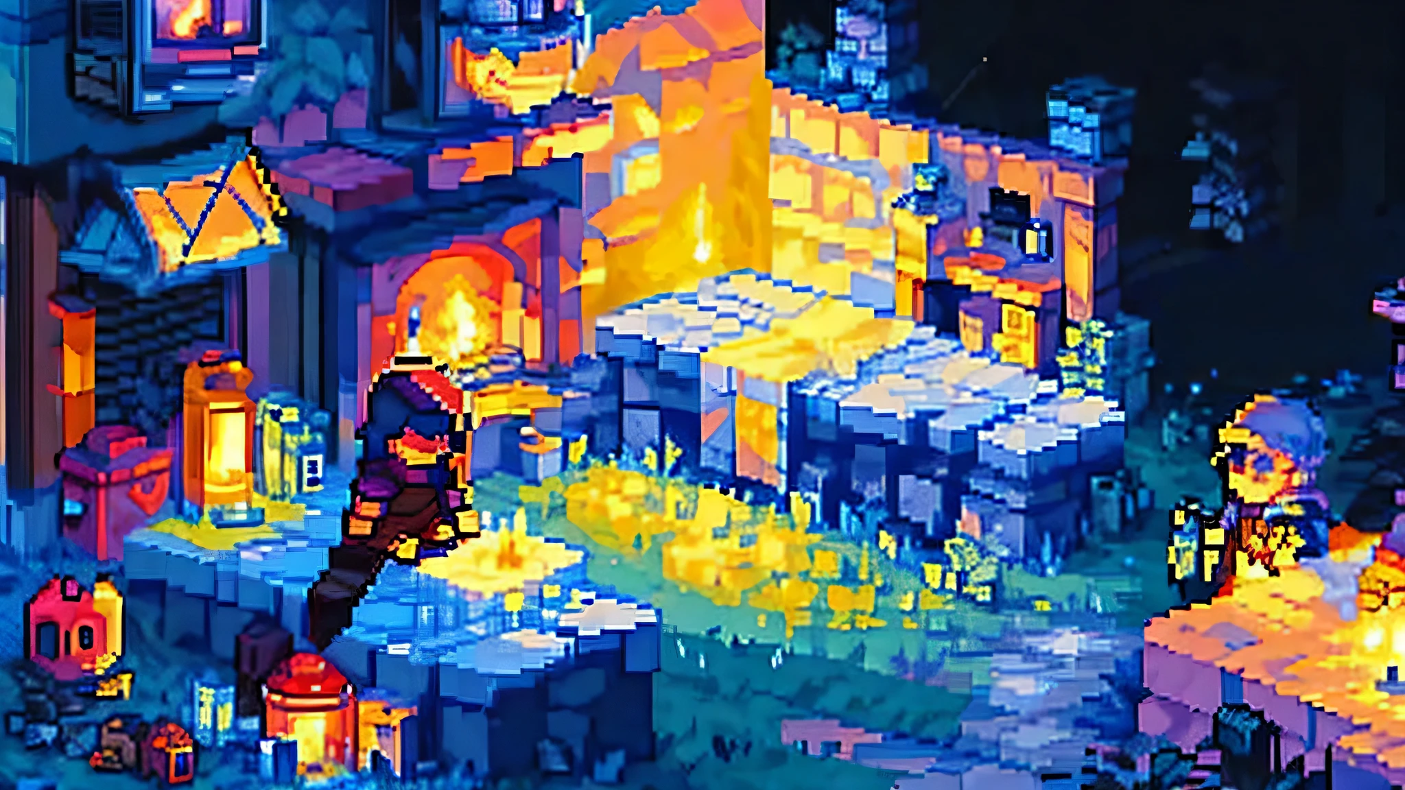 Describe to me a nighttime outdoor bonfire with a knight nearby in pixel art