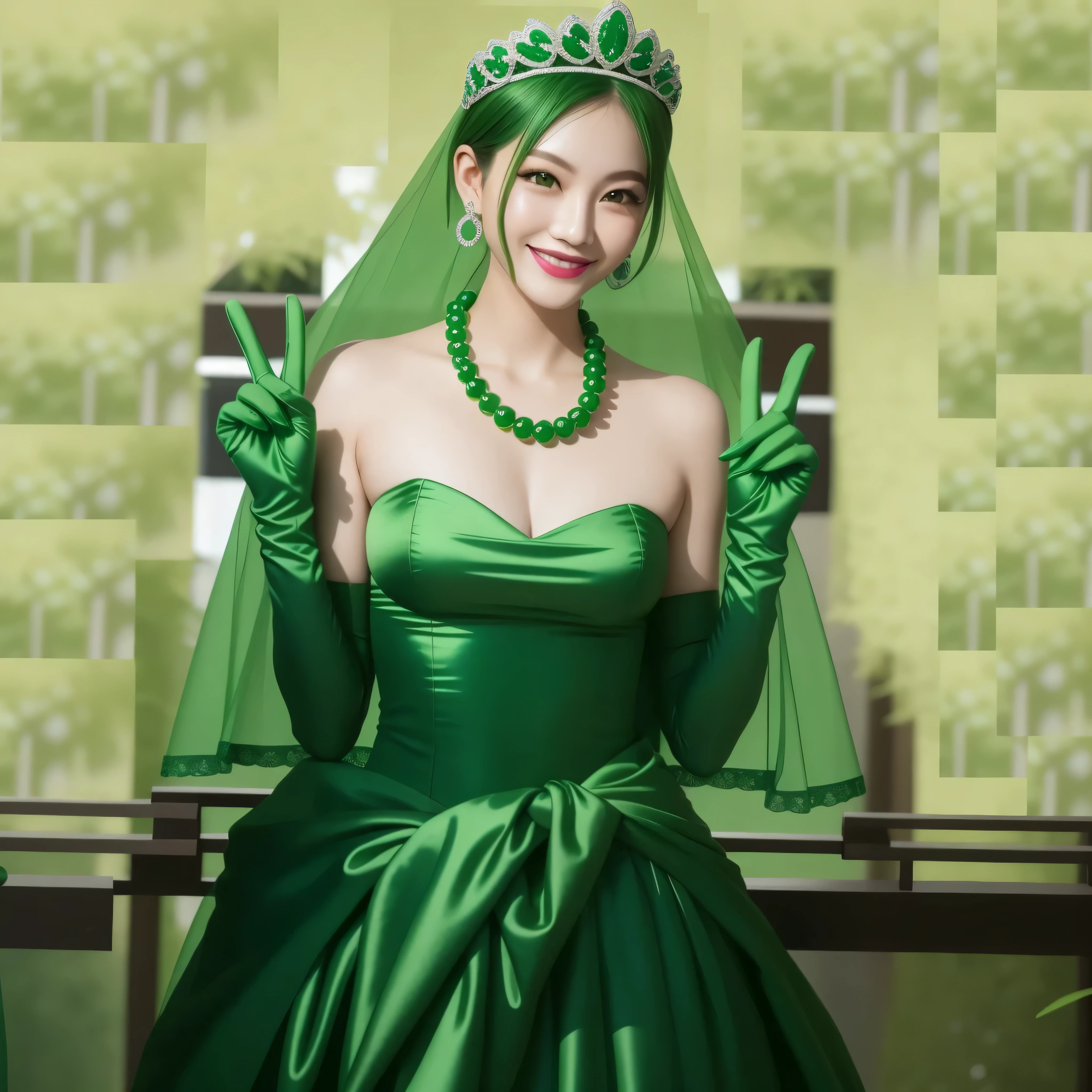 emerald tiara, green pearl necklace, boyish very short green hair, green lips, smiling Japanese woman, very short hair, Beautiful woman with big breasts, green eyes, green satin long gloves, green eyes, emerald earrings, green veil, Heart with both hands, green hair, beautiful japanese woman, V sign, green lip gloss