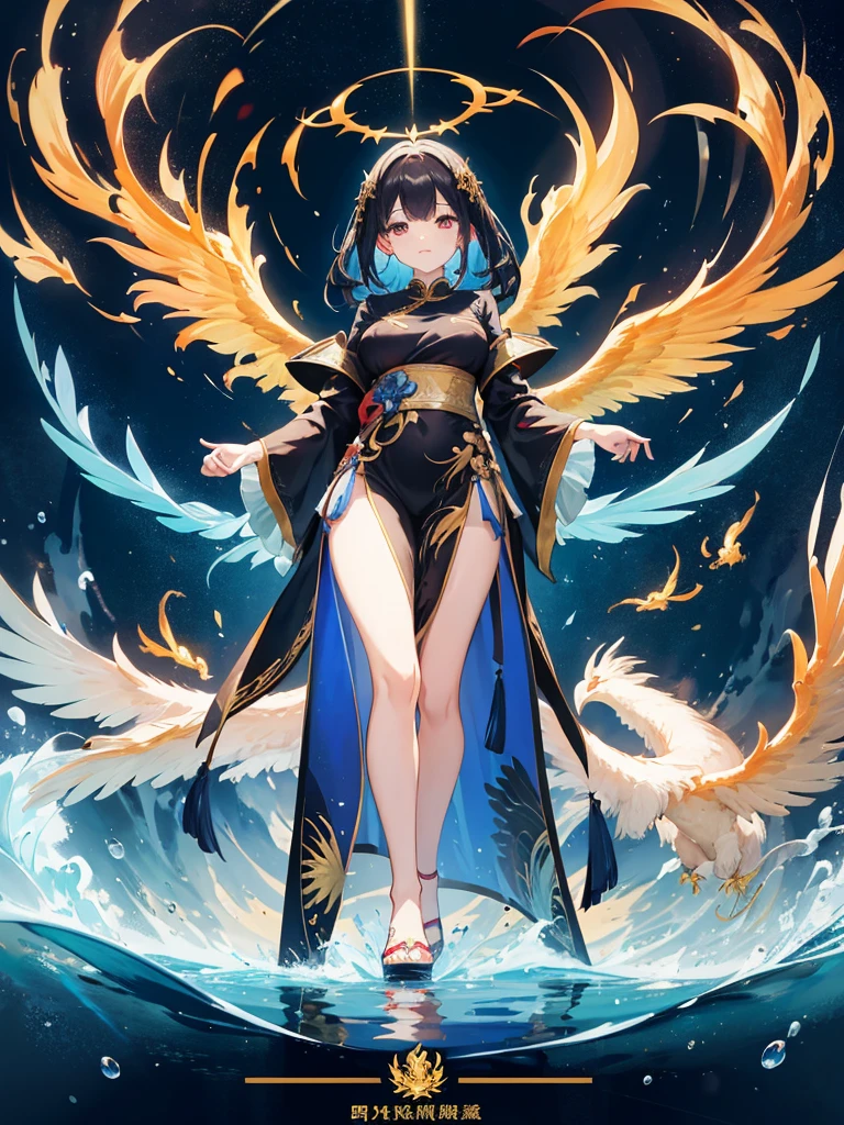 beautiful chinese girl standing on water, Fog reflection, A huge phoenix in the sky, magic, fantasy, dynamic posture, Consists of colorful glowing flames, delicate face, delicate eyes, long black and gold hair, Wearing amber and sky blue han robes, delicate and intricate patterns, golden bronze, magnificent composition, soft shadow, clean and sharp focus, Center configuration, poster design, panorama